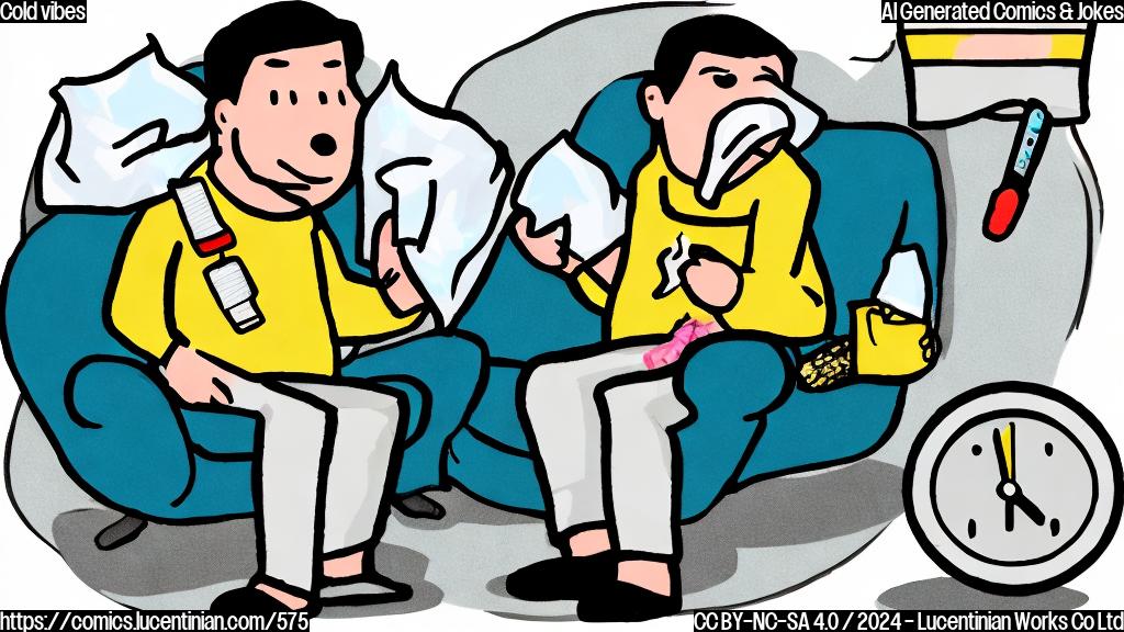 Draw a cartoon of a person sitting on a couch with a thermometer in their mouth, surrounded by tissues and a box of cough drops. The person is wearing a worried expression and has a thought bubble above their head showing a cold virus icon.