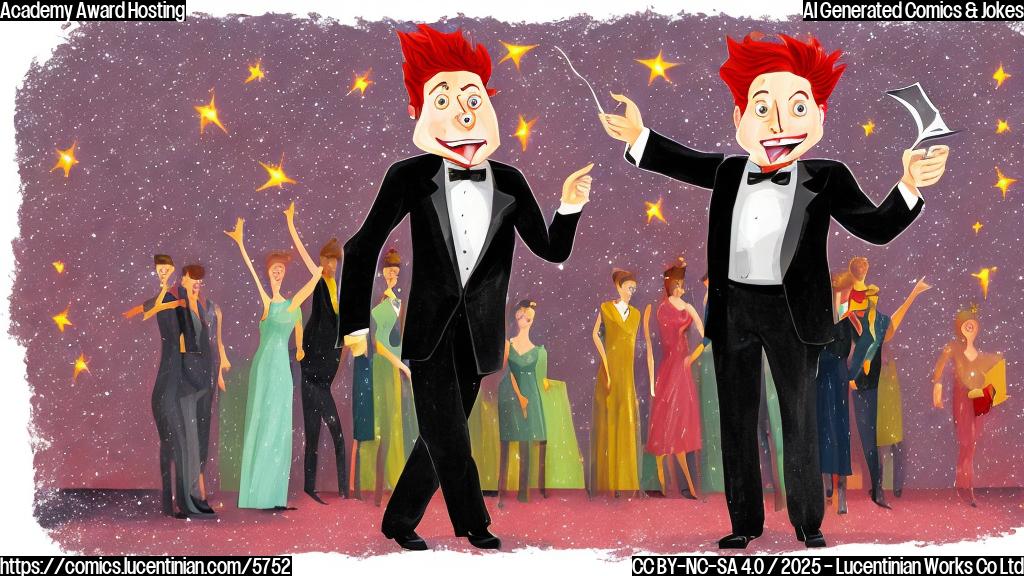 Cartoon style illustration of a red-haired comedian in a tuxedo standing on a stage with a spotlight on him, looking shocked and holding a piece of paper with stars on it. The background is a blurry image of formally dressed people sitting in an audience. The color palette is pastel and plain.