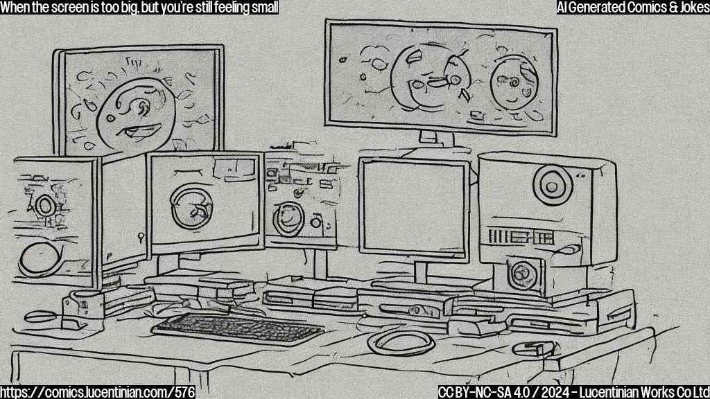 a plain color cartoon style picture of a sad-looking 27-inch computer with a thought bubble above its screen that reads "I'm feeling small" while sitting in front of a blank white wall