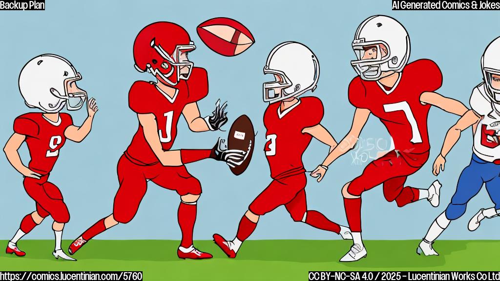 A cartoon drawing of a football field. A person wearing a red football uniform is handing a water bottle to another person wearing the same uniform. The words "Backup Plan" are written above the image in a playful font. The style is plain color cartoon.