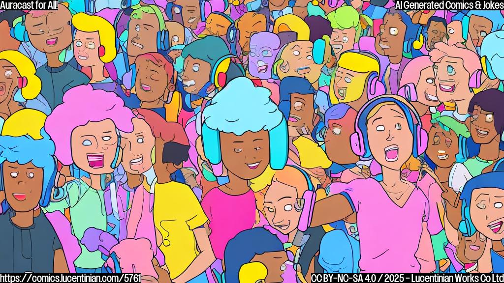 Cartoon image of a blue smartphone with a surprised expression, wearing oversized pink headphones, standing in a crowd of faceless, colorful people. The background is a blurry mix of light and dark, suggesting a noisy environment.