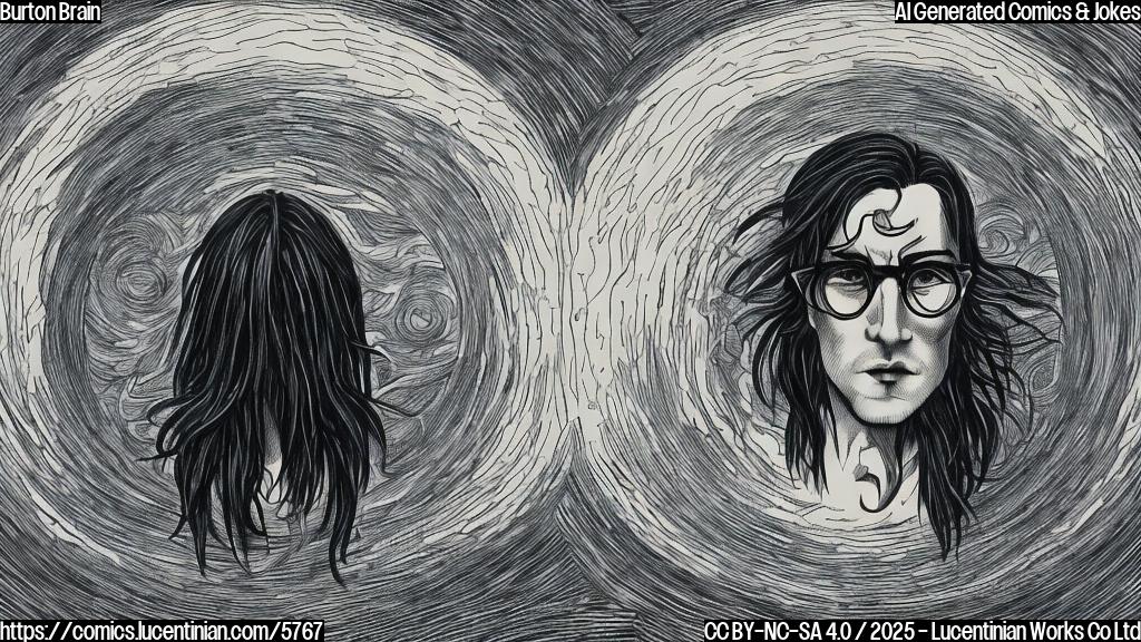 A plain color cartoon image of a slightly gothic looking man with wild dark hair wearing round glasses, opening his head like a door to reveal a swirling, colorful, but slightly spooky landscape inside.