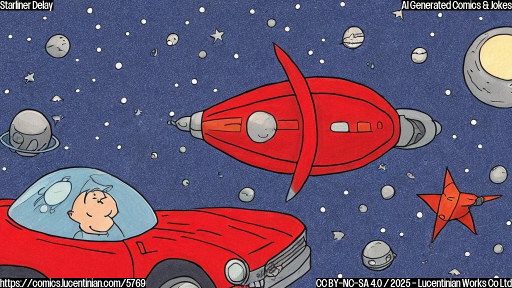 Draw a simple, plain color cartoon of a red spaceship with a flat tire, floating in space. The background is a dark blue with simple white stars.