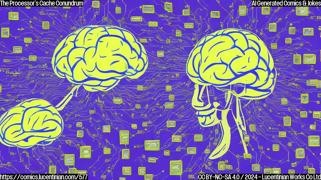 Draw a cartoon style picture of a smiling brain with thought bubbles, surrounded by computer chips and CPU cores. The brain should have a worried expression, and the thought bubbles should show confused or anxious thoughts, such as "Cache... cache everywhere!" and "I'm running low on storage!". The background should be a dark blue night sky with stars. The overall style should be playful and colorful.