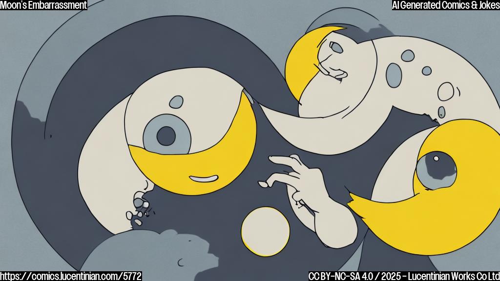 Cartoon image of a round, pale yellow moon character partially covered by a dark grey, jagged shadow resembling a bite mark. The moon has wide, embarrassed eyes and rosy cheeks. The background is a plain dark blue. Style should be simple and flat.