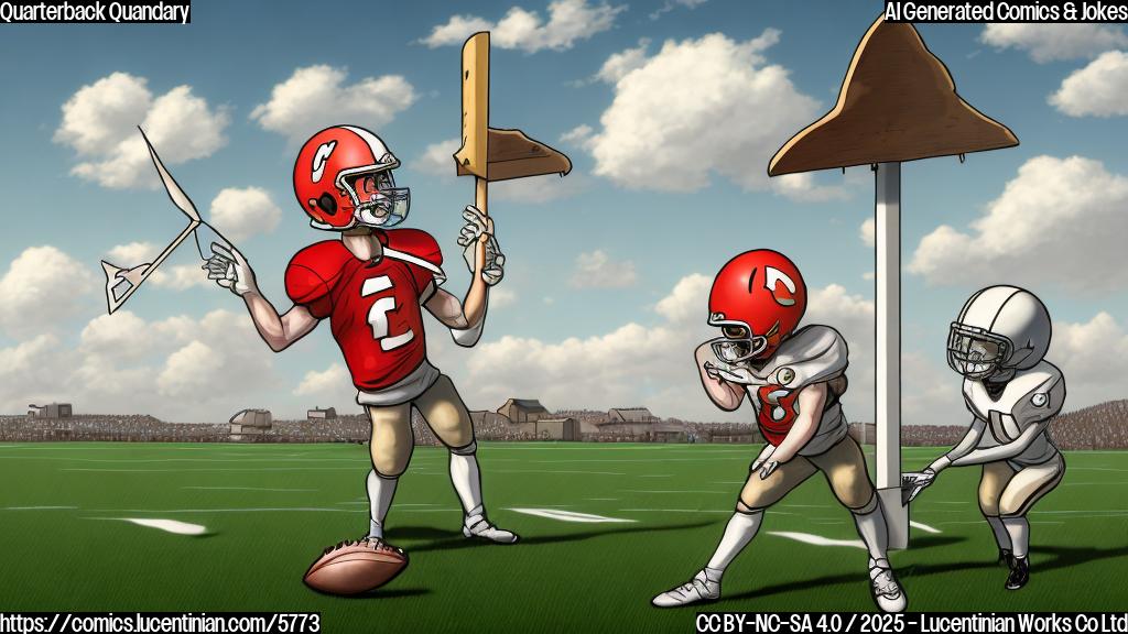 a plain color cartoon style picture of a football field with a weather vane standing in the quarterback position, wearing a tiny helmet and pads. The sky is slightly overcast.