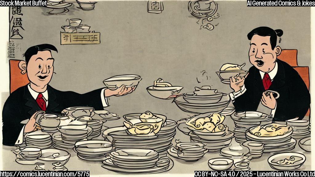 A simple, plain color cartoon of a person wearing a suit sitting at a large table overflowing with bowls of noodles, dumplings, and teacups, looking overwhelmed and holding their stomach. The table is labeled "Chinese Consumer Stocks".