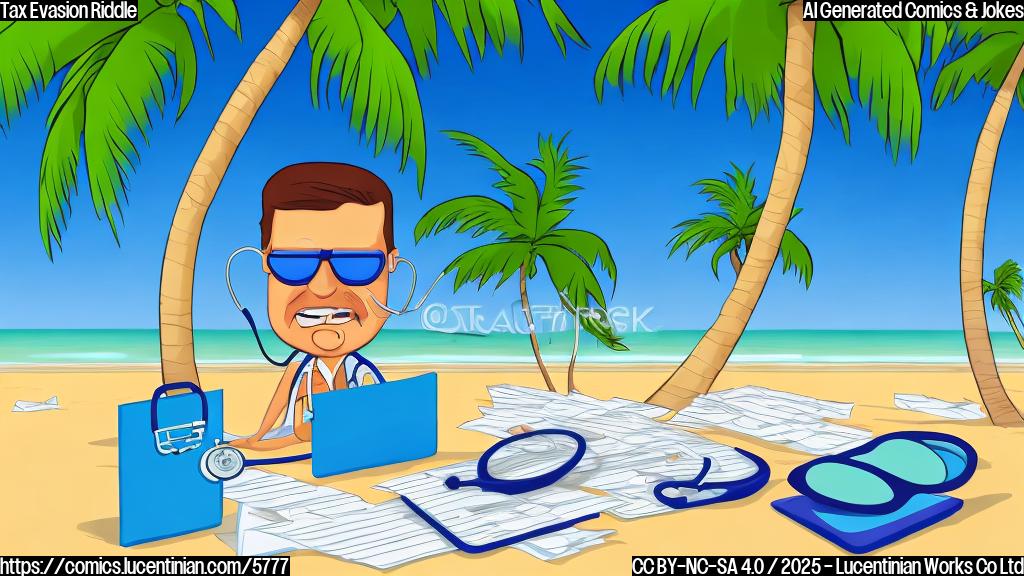 Cartoon drawing of a doctor with a stethoscope around his neck, wearing sunglasses and a tropical shirt, relaxing on a beach with palm trees and a pile of tax forms beside him. The background is a plain light blue.