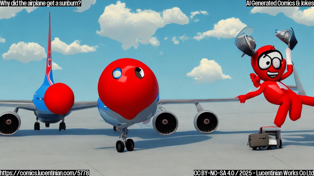 Cartoon drawing, solid light blue background, a generic passenger airplane with sunglasses and a red nose, sitting on a runway. Smoke is coming out of one engine.