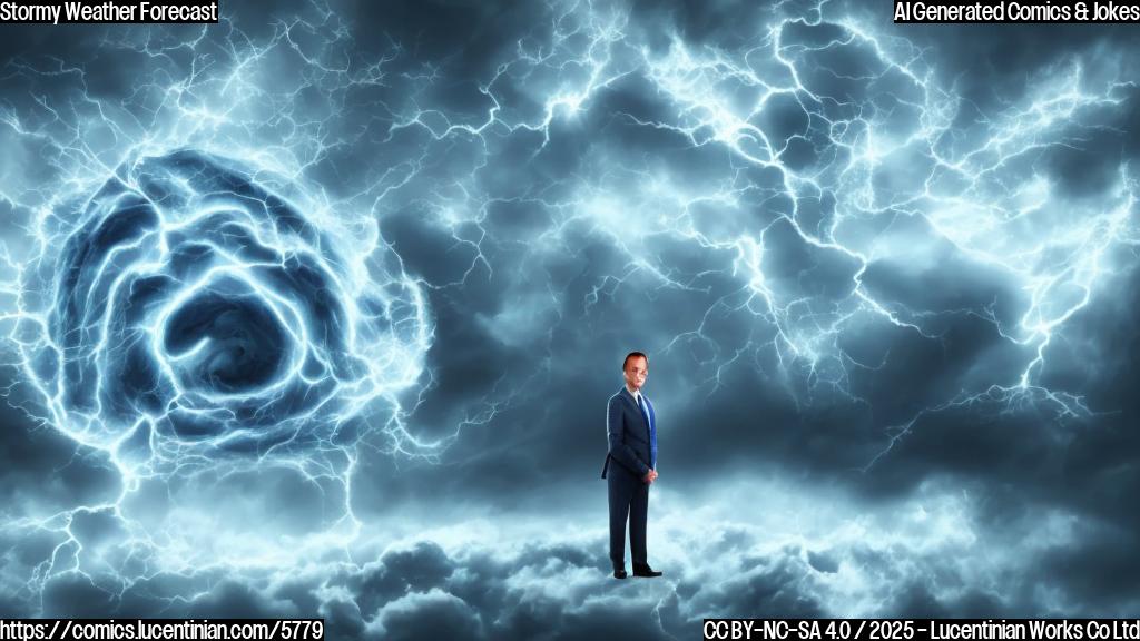 a cartoon style image with a plain light blue background, showing a sad looking weather forecaster character, wearing a suit and tie, standing next to a dark, swirling storm cloud with angry eyes. The forecaster has a tear rolling down their cheek.