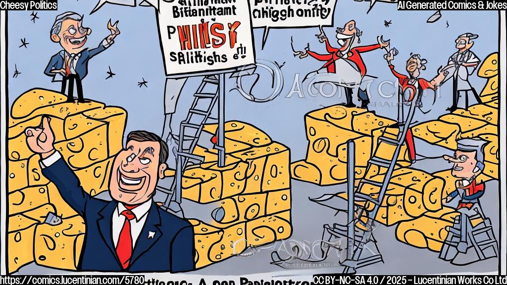 Draw a cartoon of a politician standing on top of a ladder, with a cheesy grin on their face and a sign that reads "Partisanship: it's a high-stakes game!" in bold letters. The background should be a chaotic Senate hall with senators arguing in the foreground.