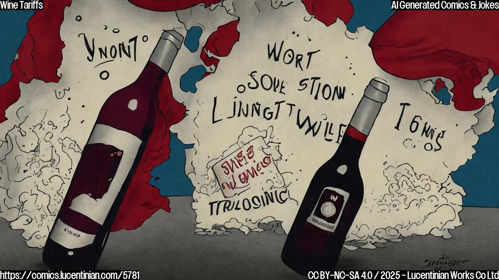 Cartoon of a sad wine bottle with tears rolling down, against a background of looming tariff signs.