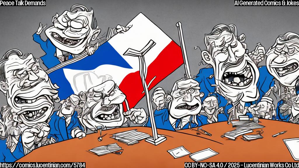 A cartoon style illustration of two generic country flags with faces negotiating at a table. One flag with an angry face is standing on a ladder demanding something, while the other flag looks shocked.