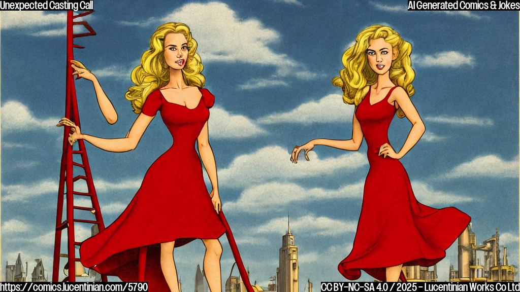 A plain color cartoon image of a woman with wavy blond hair, wearing a glamorous red dress and holding a very tall ladder, standing outside a building labeled "Casting Call." She has a confused and slightly exasperated expression. The sky is bright blue.