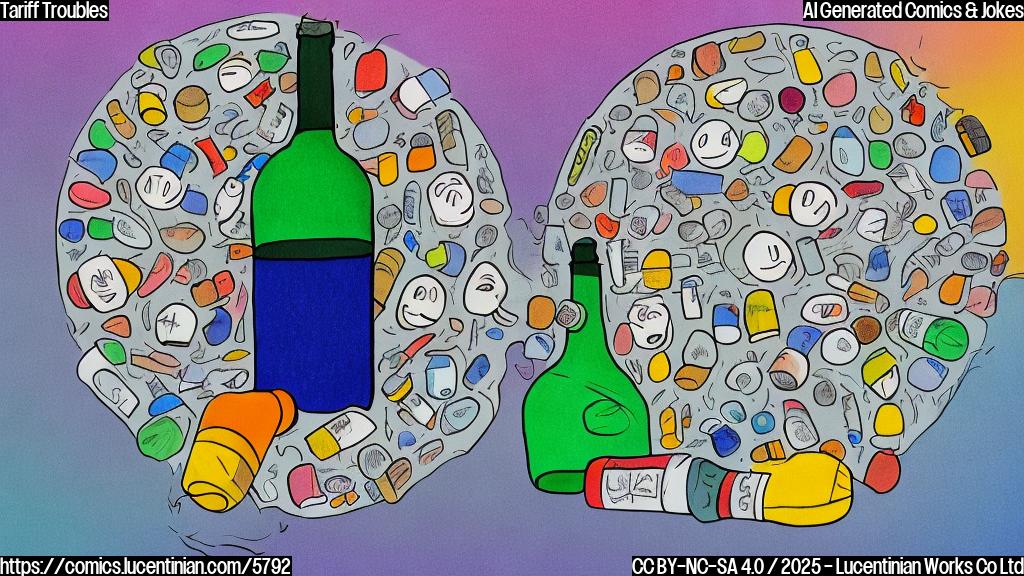 A cartoon wine bottle with an angry expression sitting in a circle with other various bottles in a therapy session. The wine bottle is clenching its tiny cartoon fists. The room is plain and colored in pastel tones.