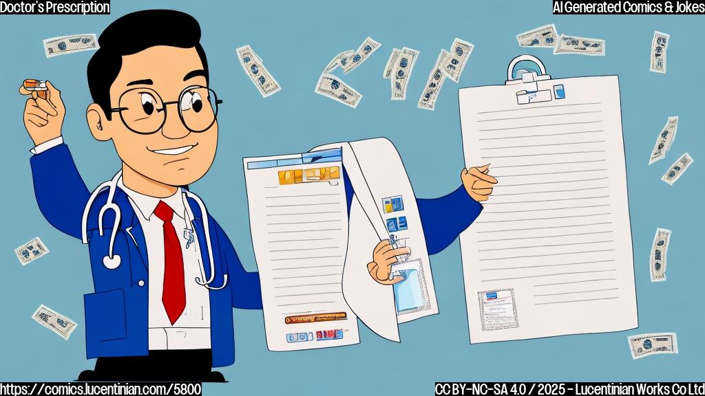 A cartoon drawing of a man wearing a doctor's coat and holding a prescription pad, but instead of medicine names, the pad is filled with dollar signs. The background is a plain light blue. The style is simple and colorful, like a children's book illustration.