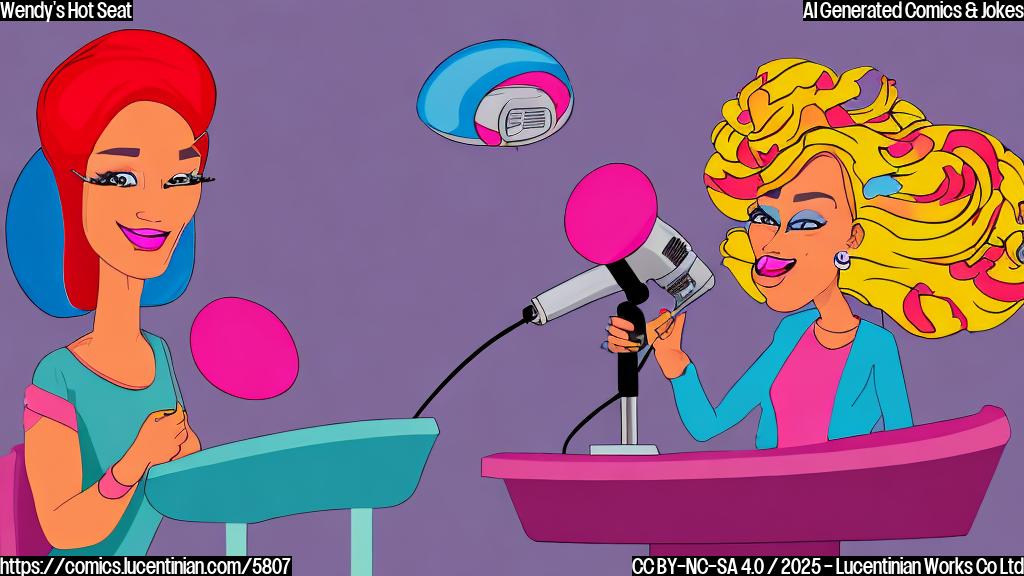 Cartoon drawing of a woman with a vibrant wig sitting in a talk show chair. She has a small portable fan pointed at her face. The background is brightly colored with generic talk show set elements like a colorful panel and two silhouettes of other talk show participants with surprised expression. The overall style is simple and uses flat colors, mimicking a news illustration.