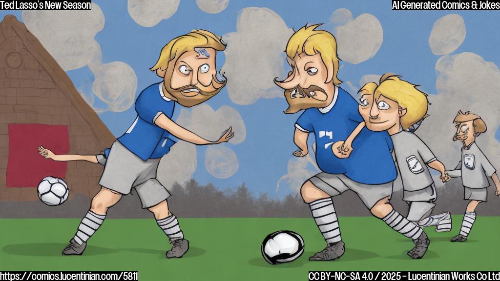 Plain color cartoon style picture of a smiling blond-haired mustached man wearing a grey sweater vest over a blue collared shirt. He is on a soccer field.