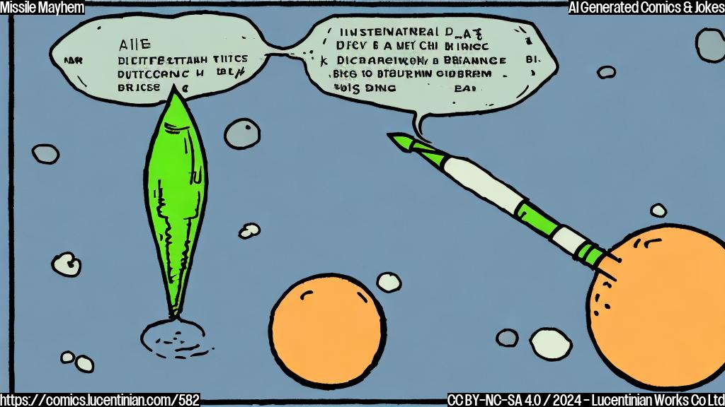 Draw a plain color cartoon style picture of an intercontinental ballistic missile with a thought bubble above its head, containing a speech bubble with the words "range issues" written inside. The missile should have a concerned expression on its face, with its fins and rocket body depicted in a slightly askew position, as if it's struggling to stay on course.