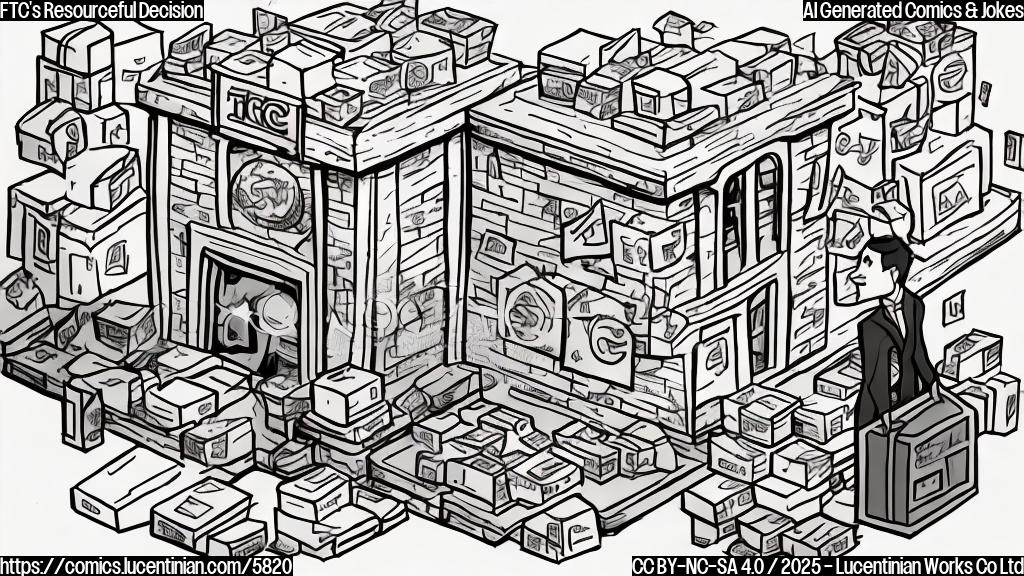 A cartoon style drawing with plain colors depicting a small government building labeled "FTC" looking overwhelmed by a giant package labeled "E-Commerce Conglomerate", with a tiny piggy bank sitting forlornly in front of the building.