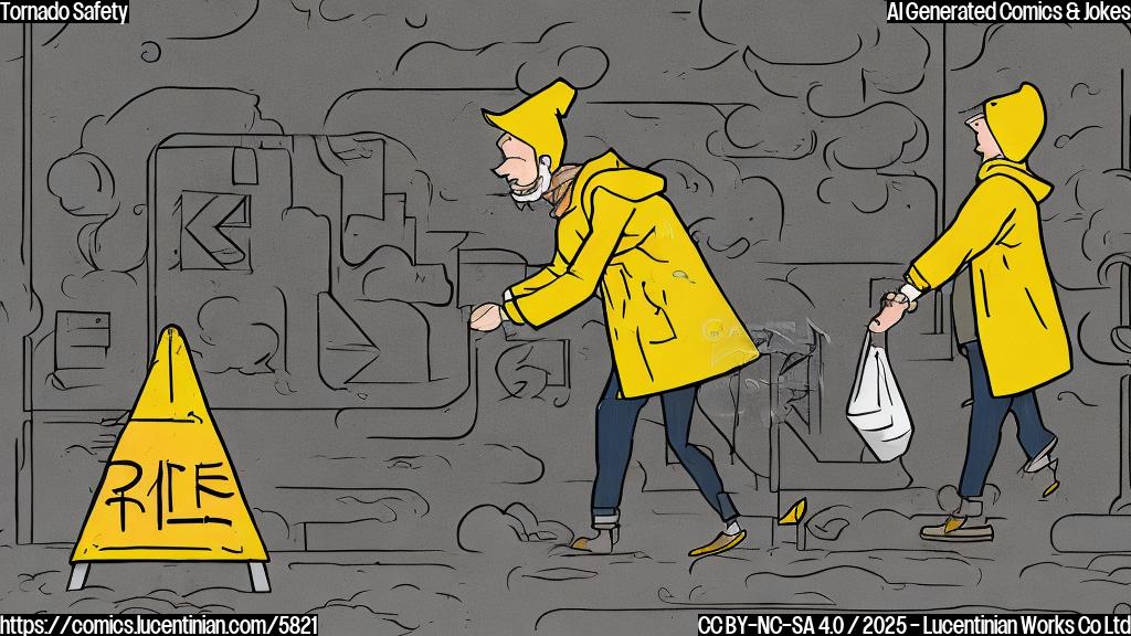 a simple cartoon style illustration of a man wearing a yellow raincoat and a determined expression, carefully carrying a red ladder into a gray, underground storm shelter, next to a sign with the word "SHELTER" written on it, color plain