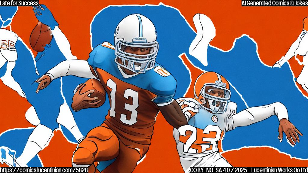 A cartoon style image with a football player, wearing a brown and orange uniform, tripping over a finish line tape. The background is a plain light blue.