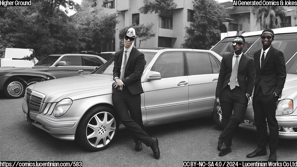 A young rapper, seated in the back seat of a Mercedes E 350, with his attorney sitting next to him, smiling at the camera with a confident expression. The attorney is wearing a suit and sunglasses, while the rapper has a calm and collected demeanor. Both are surrounded by court documents and papers on the floor.