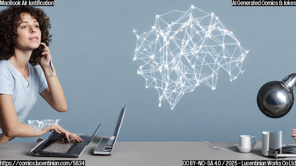 a person with brown curly hair sitting at a desk looking at a shiny new silver laptop with a questioning expression, surrounded by slightly older tech, cartoon style, plain light blue background