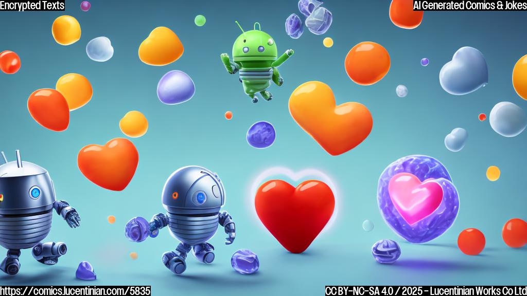 Two stylized smartphones, one with a partially visible fruit logo on its back and the other with a visible android robot, are holding hands and walking into a cartoon heart shape. The background is a plain light blue.