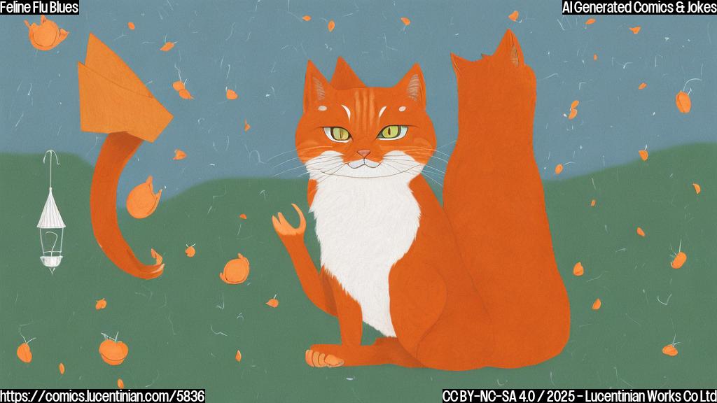 A cartoon drawing of a sad-looking orange tabby cat wearing a cone of shame. The cat is sitting inside a house, looking longingly out of a window at a group of birds flying freely in the sky. The background is a simple, plain light blue color. The style is similar to a children's book illustration.