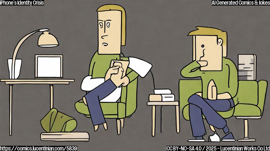 Plain color cartoon of a generic smartphone with a worried expression, sitting on a therapist's couch. The therapist is a desk lamp with a friendly face.