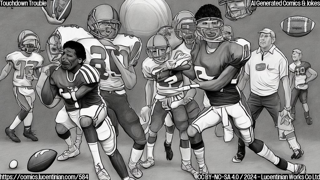 Draw a cartoon of a football player (Malachi Corley) dropping a ball, with a disappointed coach (Jeff Ulbrich) in the background, both in plain color style. The coach should be holding his head in frustration, and the football player should have a sad expression on his face.