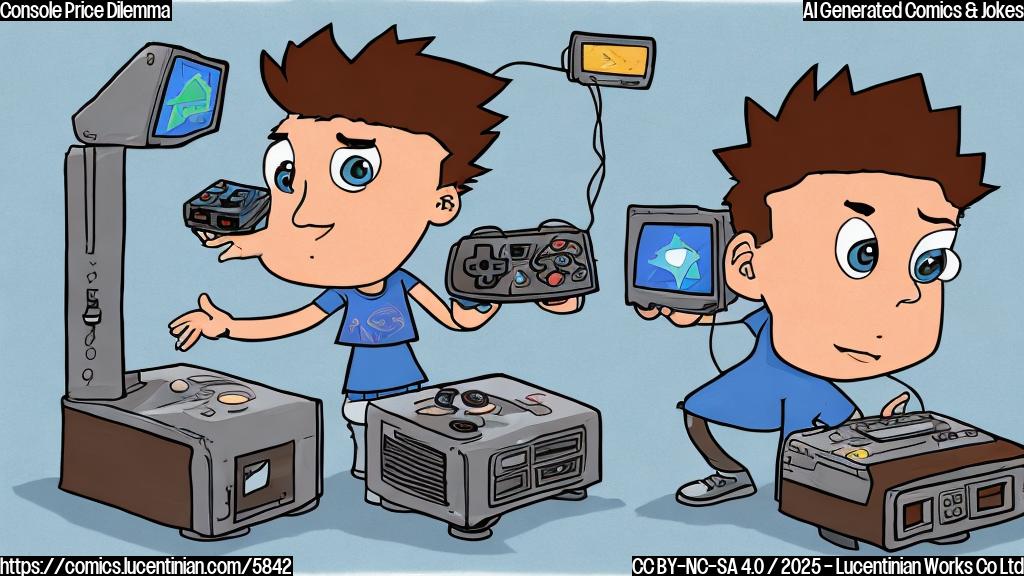 A cartoon drawing in a plain color style. A heartbroken gamer with spiky brown hair and a blue t-shirt is sadly looking at a futuristic video game console with a sad face on its screen. The console has a price tag of $400 hanging from it.