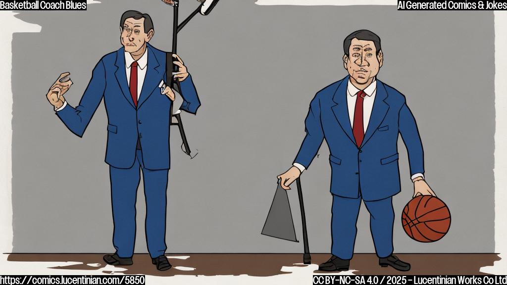 A plain color cartoon style image of a sad looking, middle-aged man with short dark hair wearing a blue suit and tie, holding a basketball and standing next to a very short stepladder. The background is a light gray wall.