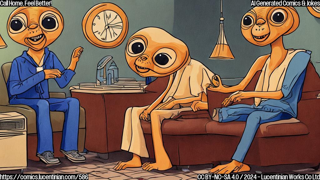 A cartoon-style picture of E.T. sitting on a therapist's couch, looking worried, with a phone on the table next to him and a puzzled expression on his face. The background should be a simple, plain color like beige or light blue.