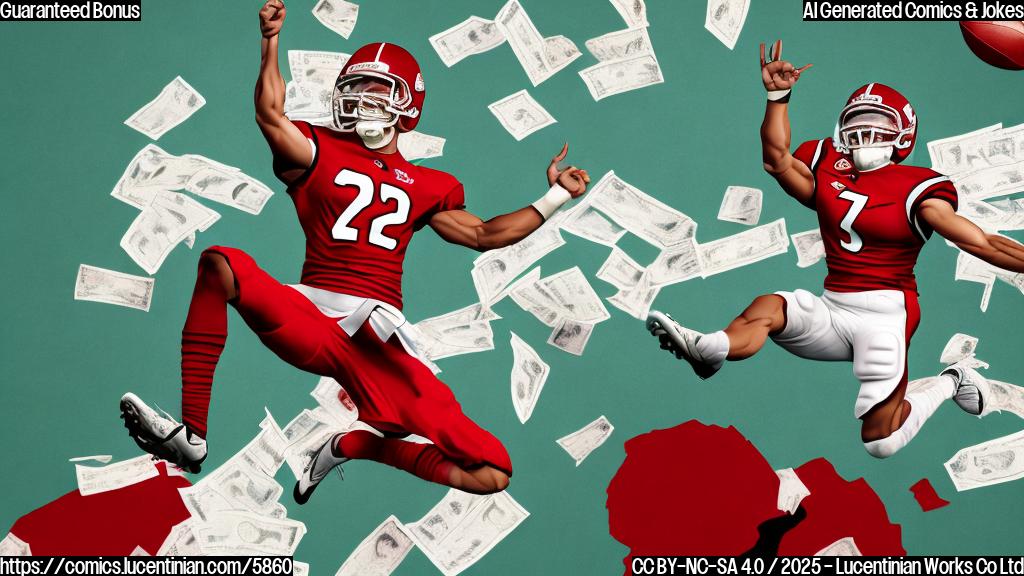 cartoon style image of a generic football player in a red and black uniform jumping for joy, holding a large oversized check. The background is a simple, plain light green color.