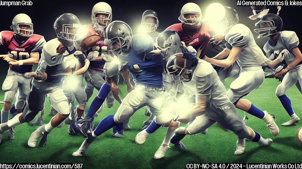 Draw a plain color cartoon style picture of a football player in mid-air, with one hand outstretched to catch a ball. The player has a huge smile on their face, and the ball is being slowed down by an invisible force field as it approaches their hand. In the background, there are blurred figures of defenders trying to tackle the player, but they're getting left behind in a cloud of dust. The player's legs are bent at a 90-degree angle, with one foot planted firmly on the ground and the other lifted off the ground, giving the impression that they're about to jump into the air.