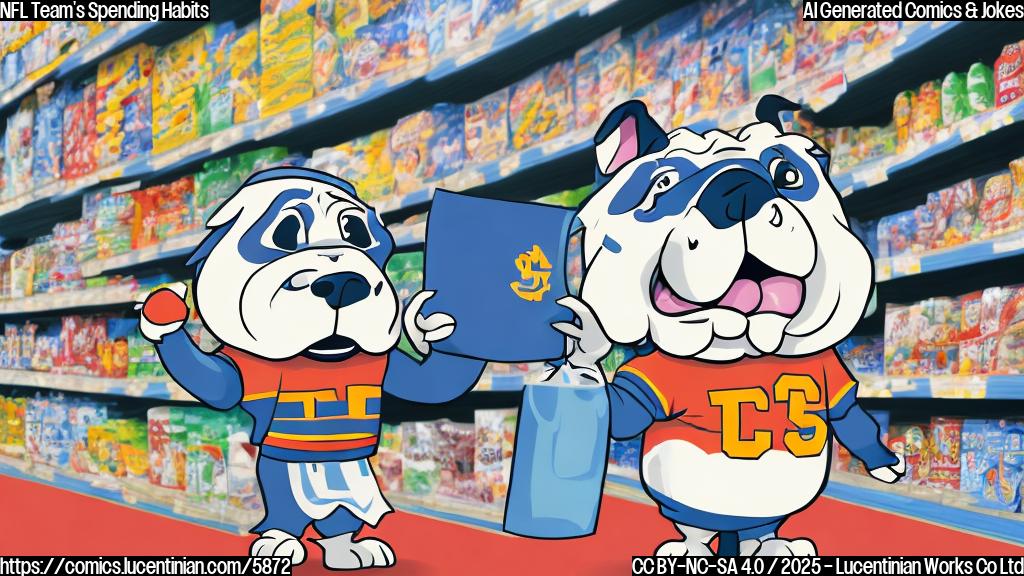 A cartoon-style illustration showing a generic football team mascot (a muscular, anthropomorphic bulldog wearing a jersey and helmet) excitedly holding a stack of coupons while standing in a grocery store aisle filled with various food items. The background is a plain light blue.