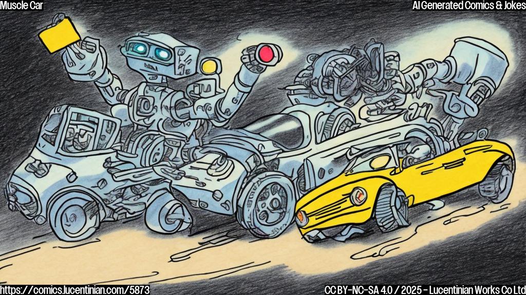 A plain color cartoon style drawing of a robotic hand made of metal and muscle tissue, wearing a tiny racing helmet and driving a miniature car made of bicep muscles, speeding down a highway with a police car in pursuit.