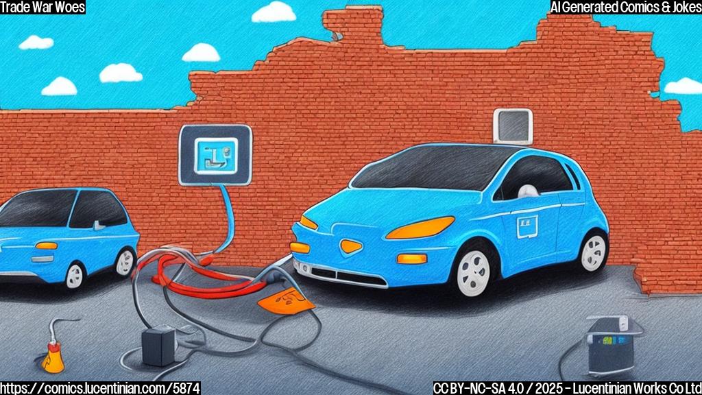 Draw a plain color cartoon of a sad-looking blue electric car with a bandage on its side, standing in front of a red brick wall labeled "Trade War".