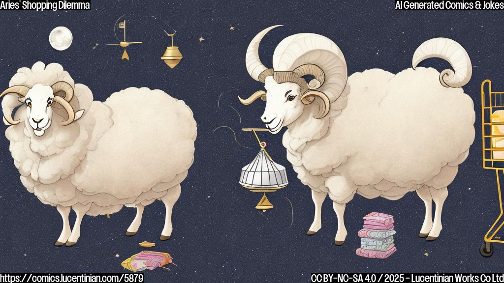 A cartoon style image of a fluffy ram (Aries) looking confusedly at a shopping cart full of random items, with a crescent moon wearing a Libra scale hovering above, looking disapproving. The background is a plain light pastel yellow.