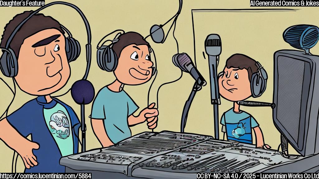 A cartoon of a stressed-looking music producer with a recording microphone in front of him, and a small child, who looks a bit bored, standing next to the microphone. The background is a music studio control room filled with equipment. Everything drawn in a plain color cartoon style.