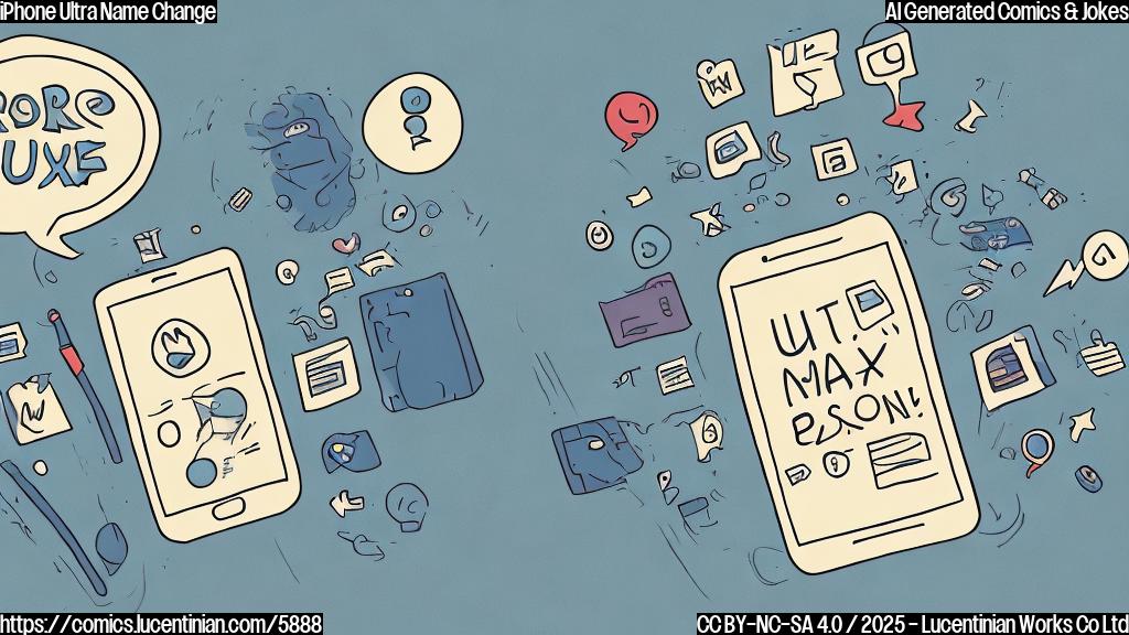 a simple cartoon image, plain color background, showing a smartphone with a confused expression on its screen. Above the phone, a text bubble says "Pro Max?", and below, another text bubble says "Ultra!". The style should be clean and minimalist.