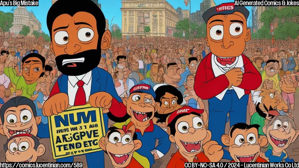 Draw a cartoon of Apu holding a sign with a monkey-like face, standing in front of Madison Square Garden with a crowd of angry-looking Latinos in the background, all wearing Trump campaign merchandise with the phrase "I'm not a monkey" emblazoned on it.