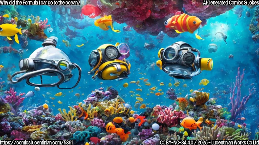 A cartoon-style Formula 1 car wearing a diving helmet and goggles, exploring a deep ocean trench filled with colorful, newly discovered sea creatures. The scene should be bright and whimsical, with the car leaving a trail of bubbles as it navigates the underwater landscape.