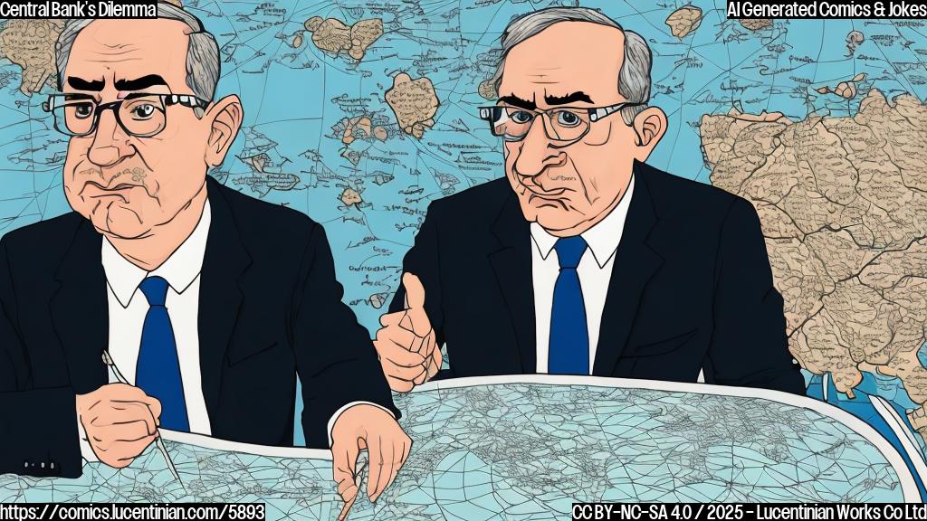 A cartoon style drawing of a sweating central banker with round glasses holding a very large, complicated map with lines going in all directions. The banker has a concerned expression. The map is labeled "Global Trade." Background is a plain light blue.