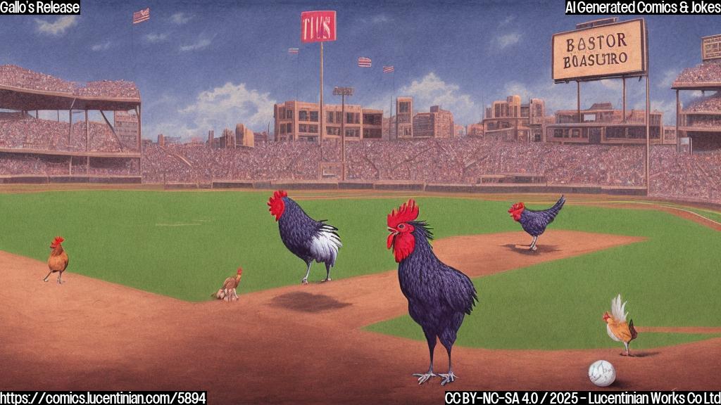 a plain color cartoon style picture of a baseball field, focusing on the batter's box. A rooster is sadly walking away from the plate. The scoreboard in the background reads "0-0".