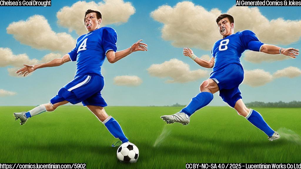 A frustrated football player wearing a blue jersey kicking a ball towards a goal that is very far away. The player is sweating and looks dejected. The background is a simple green field and a light blue sky. Cartoon style, plain colors.