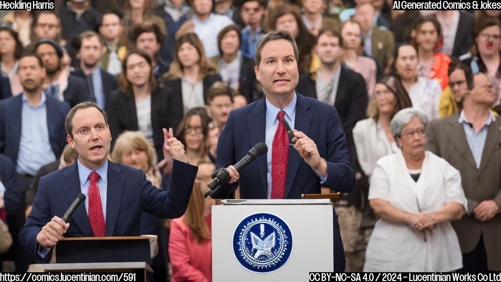 A politician stands at the podium, looking confident and composed. They have a microphone in hand and are addressing a crowd of people who look engaged and interested in what they're saying. One person in the crowd raises their hand, interrupting the speech. The politician looks taken aback for a moment, then begins to speak in a rapid-fire sequence of words that seem to make little sense. They use big words and complex concepts, but the listener can tell they're just making it up as they go along. The politician's face is red with frustration, and their body language suggests they're trying to power through the interruption despite the absurdity of what's happening.