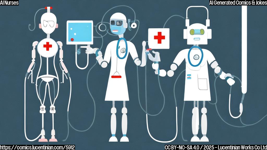 A simple cartoon illustration of a disgruntled human nurse with a stethoscope around their neck, standing next to a sleek, modern robot nurse with a glowing screen face. The human nurse is frowning, while the robot nurse has a neutral expression. The background is a plain, light blue color.